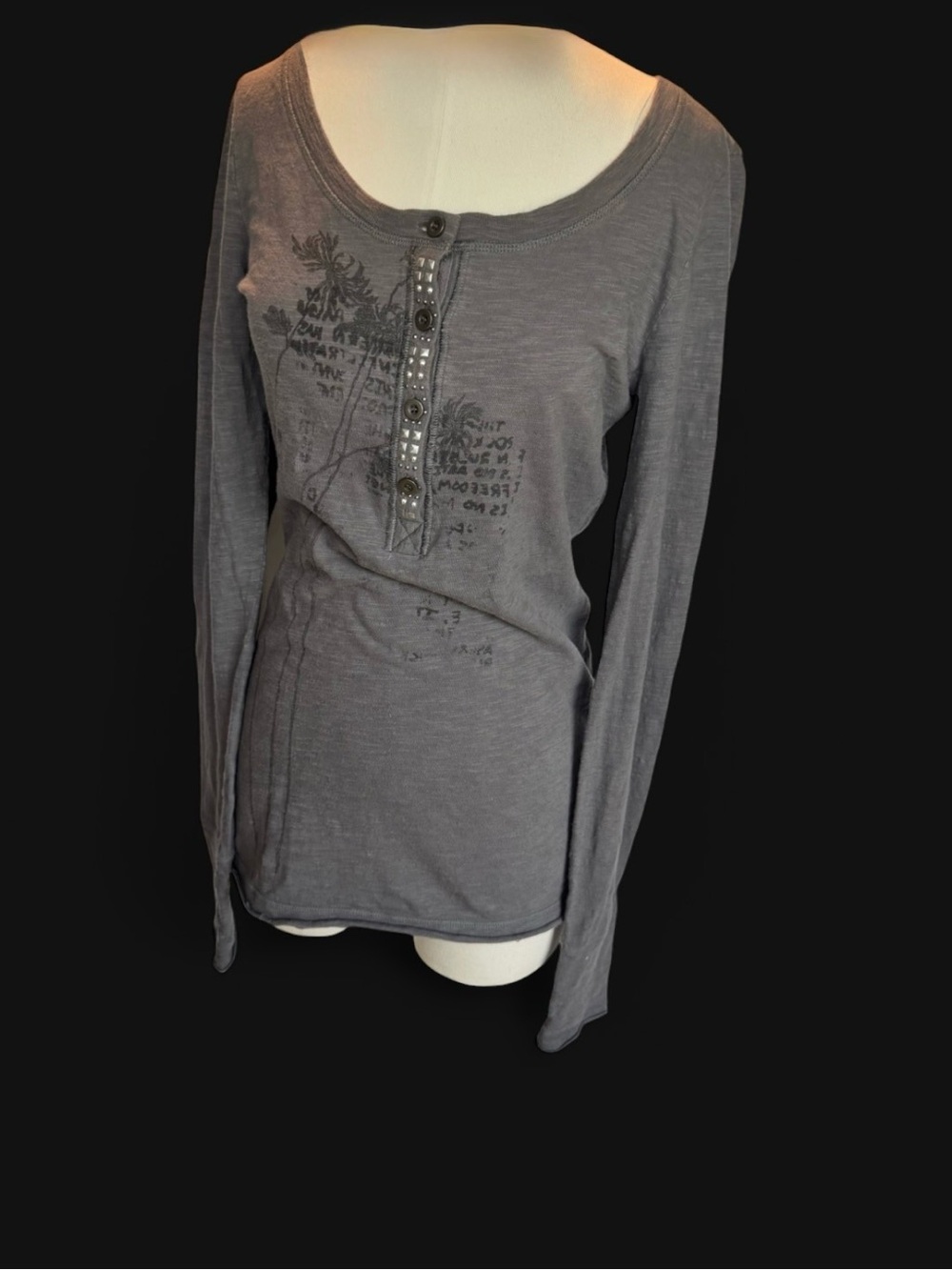 Free People Gray Long Sleeve Scoop Neck Henley with Studded Placket